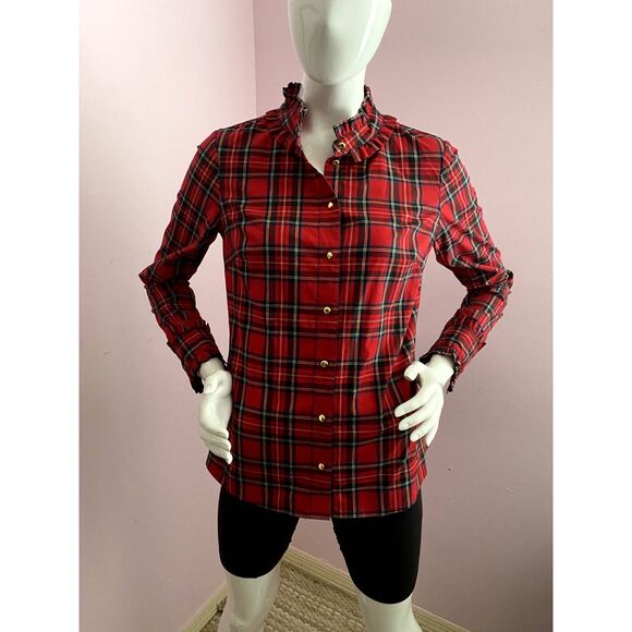 STS Sail to Sable Tartan Plaid Shirt Blouse Ruffle SMALL Red Long Sleeve - Picture 1 of 7
